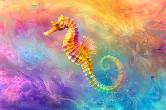 A colorful painting of a seahorse swimming in a rainbow colored ocean