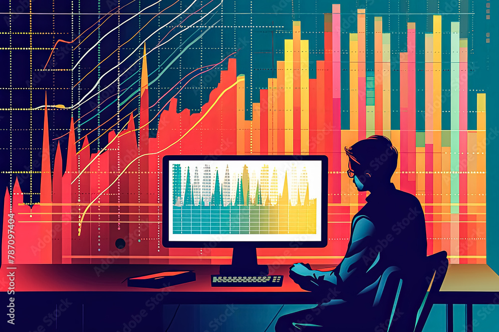 Poster a man is looking at a computer screen with multiple graphs and charts.