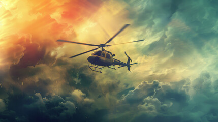 A helicopter is flying through a stormy sky - obrazy, fototapety, plakaty