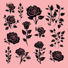 Flower icon. Set of decorative rose silhouettes on pink background. Vector rose