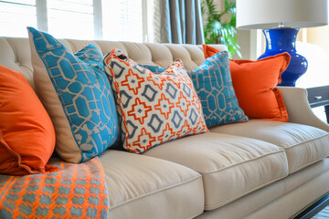 A couch with blue and orange pillows and a blue vase on a table