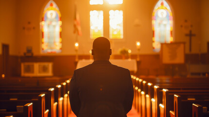 A man stands in a church with a candle in his hand - obrazy, fototapety, plakaty