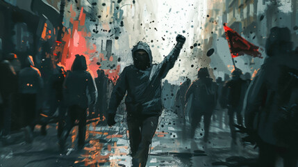 A man is holding a red flag and is surrounded by a crowd of people - obrazy, fototapety, plakaty