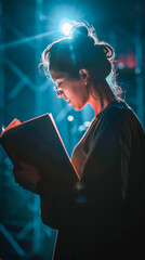 A woman is reading a book in a dark room