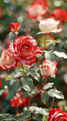 A bunch of red and white roses are in a garden