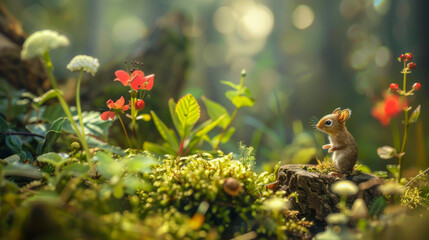 A small mouse is standing on a mossy log in a lush green field - obrazy, fototapety, plakaty
