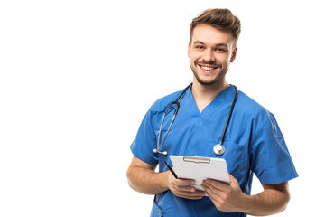 profession and medicine concept - happy smiling doctor or male nurse in blue uniform
.isolated on white background