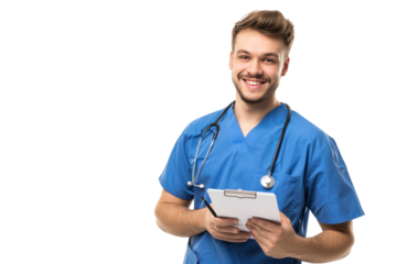 profession and medicine concept - happy smiling doctor or male nurse in blue uniform
.isolated on white background