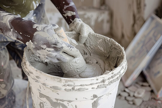 A worker mixes mortar for white tiles. Mixing mortar in a white bucket
