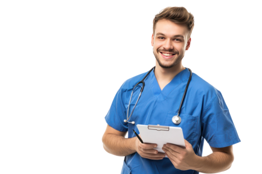 profession and medicine concept - happy smiling doctor or male nurse in blue uniform
.isolated on white background