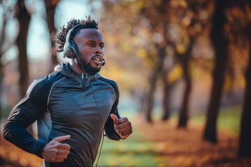 Fototapeta premium Afro sport man wearing headphones training outdoors