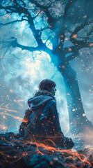 A person is sitting in the woods, surrounded by fire