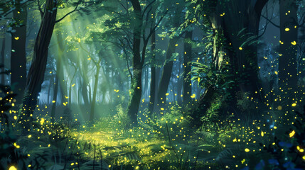 Fototapeta na wymiar A forest with a path and trees with fireflies