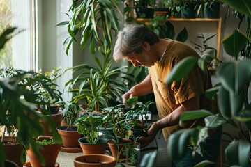 Obraz premium Man taking care of her potted plants at home 