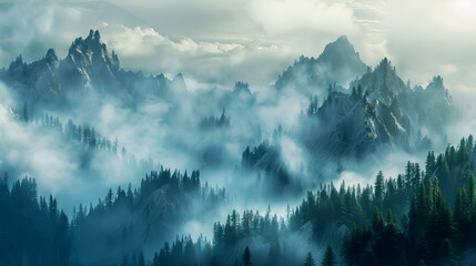 The mountains are covered in fog and trees