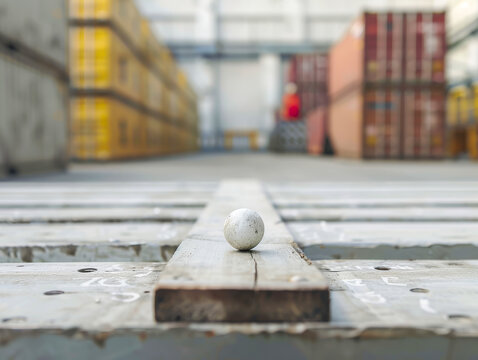 A white ball is sitting on a wooden plank in a warehouse