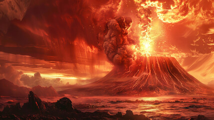 A fiery volcano erupts in the distance, with a red sky - obrazy, fototapety, plakaty