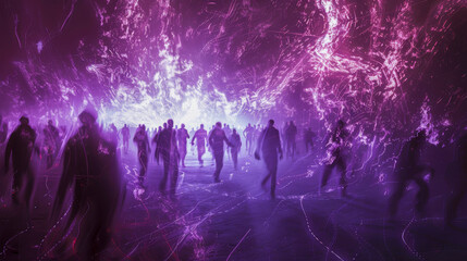 Fototapeta na wymiar A group of people are dancing in a purple room