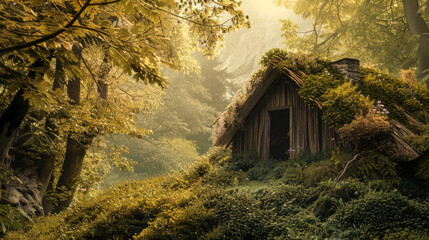A small wooden cabin is nestled in a lush green forest - obrazy, fototapety, plakaty