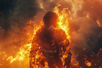 A firefighter is standing in front of a fire, wearing a gas mask