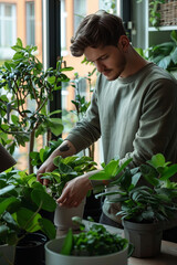 Man taking care of her potted plants at home
