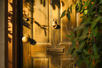 A golden door with a brass handle and a shadow on it - obrazy, fototapety, plakaty