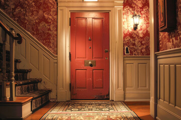 A red door with a white trim sits in front of a staircase - obrazy, fototapety, plakaty