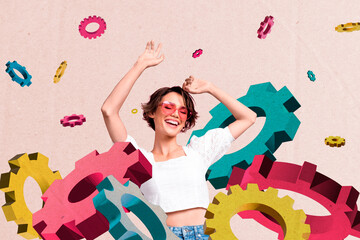 Composite photo collage of happy dreamy girl dance pile gearwheel mechanisms process sunglass...