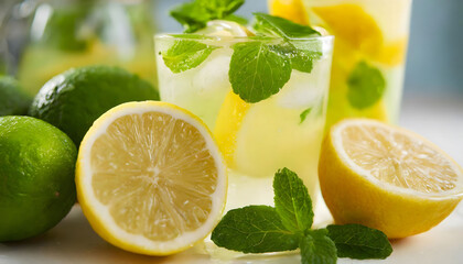 Cold Lemonade.Lemon juice in glass, limes,lemon split in half,ice cubes and mint leaves,close-up.