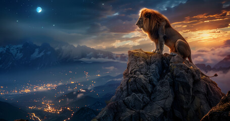 Lion predator sitting on a rock evening moon - Powered by Adobe
