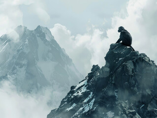A monkey sits on a rock on top of a mountain - obrazy, fototapety, plakaty