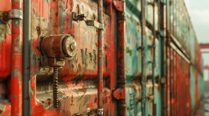 A rusty red and blue container with a bolt on it