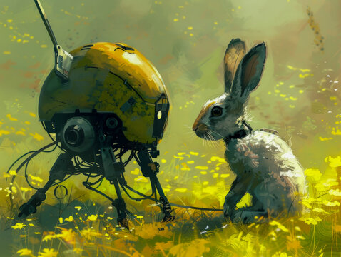 A robot and a rabbit are in a field of yellow flowers