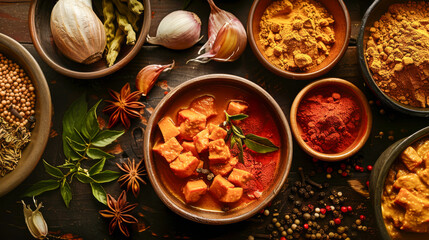 A table with many bowls of food and spices