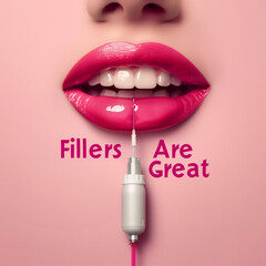 Photograph of a needle with threads in the lips and text "fillers are great".Minimal creative plastic surgery and cosmetic procedures concept .Trendy social mockup or wallpaper with copy space