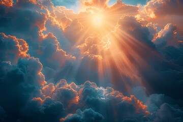 An awe-inspiring shot, where the sun's rays break through the expansive clouds, illuminating them...