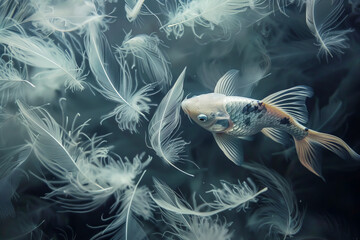 A fish is swimming in a tank with many white feathers floating around it