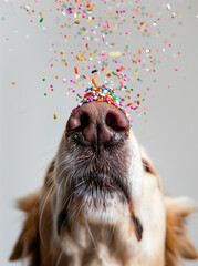 Close-up of a dog's nose with colorful cake sprinkles. Minimal creative food concept