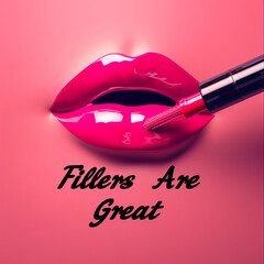 Photograph of a needle with threads in the lips and text "fillers are great".Minimal creative plastic surgery and cosmetic procedures concept .Trendy social mockup or wallpaper with copy space