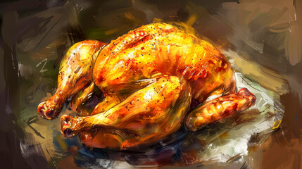 Naklejka premium A painting of a roasted chicken with a lot of seasoning on it