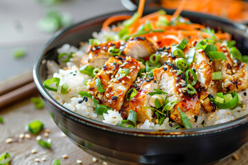 A bowl of rice and chicken with green onions and carrots