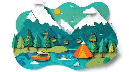 Fototapeta na wymiar Mountains with cable car forest boat tent on river background