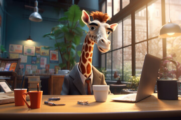 A giraffe stooping awkwardly to use a laptop on a standard height desk, knocking over a cup of coffee in a spacious office, 3D illustration - obrazy, fototapety, plakaty