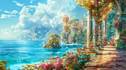 A beautiful painting of a beach with a castle in the background