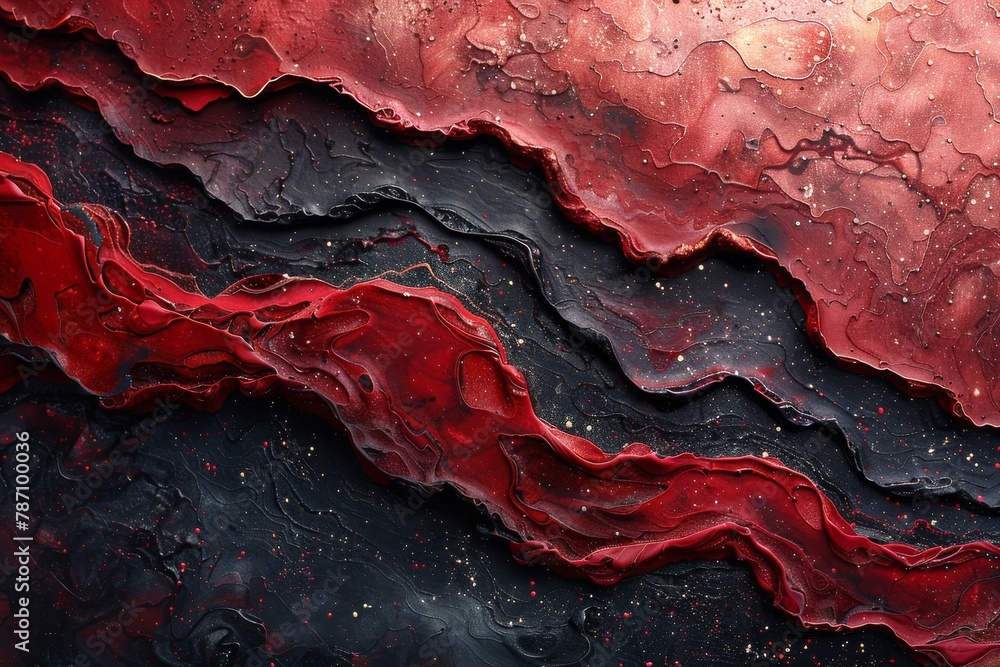 Poster textured streams of red and black with golden flecks create a dynamic abstract painting, evoking emo