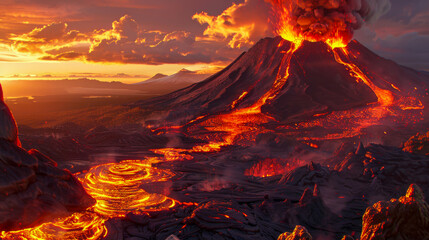 A volcano erupts with lava flowing down its side - obrazy, fototapety, plakaty