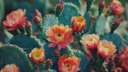 Beautiful cactus flowers blooming in a field with green leaves and pink flowers in the background