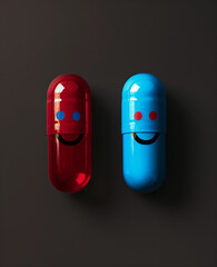  colorful pills with smiley faces .Minimal creative medical,emotional  and party concept.
