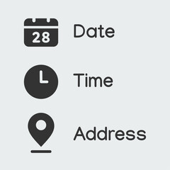 Time, date, address, location icon set design. Clock, calendar, location, map pin symbol template. Business sign vector design.