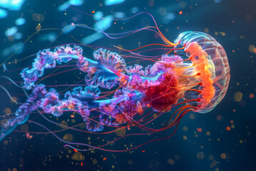 A jellyfish with red and orange tentacles is floating in the water